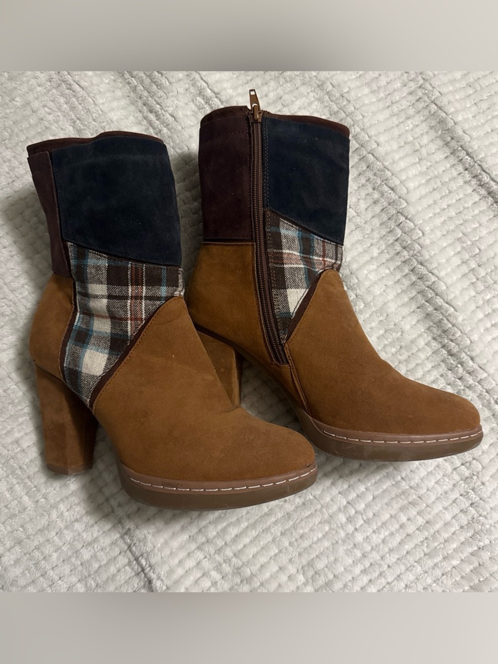 Muk Luks Brown Suede Ankle Boots with Plaid and Navy Panels